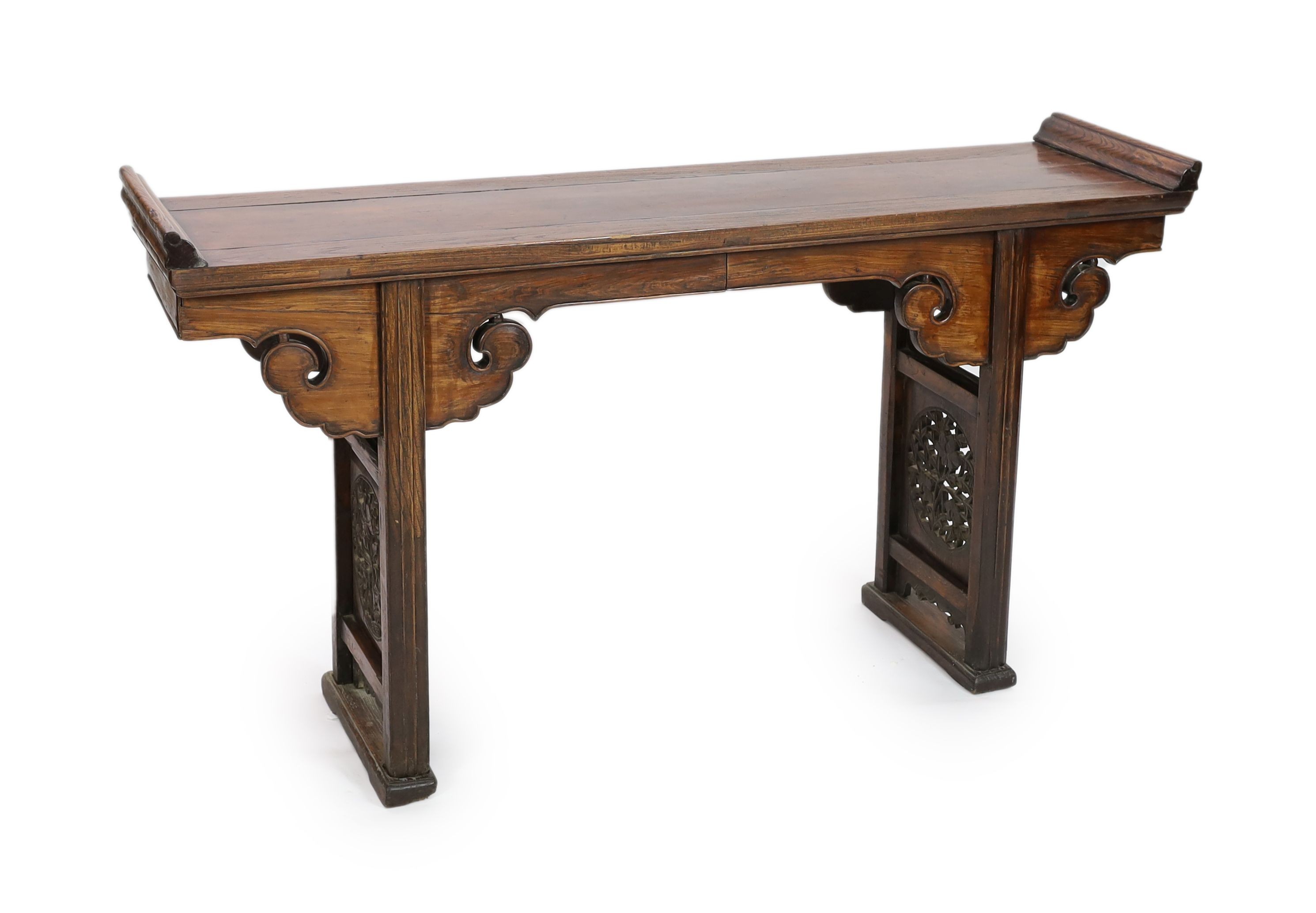 A Chinese elm and cypress wood altar table, 17th/18th Century, 168 cm long, 43 cm deep, 93 cm high, length reduced